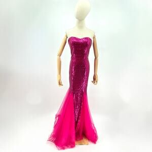 Vintage Y2k Custom Pink Sequin Mermaid Strapless Structured Gown